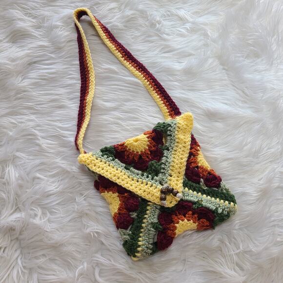 Vintage Handbags - Vintage Crochet Purse Handmade Floral Granny Square Shoulder Bag Boho Cottage